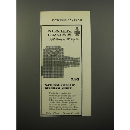 1950 Mark Cross Gingham Shirt Advertisement