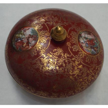 Excellent Cond M & R Burnt Red Gold Porcelain Hand Painted Candy Dish Lid USA