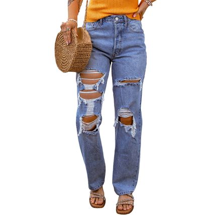 Sky Blue Heavy Destroyed Big Hole Boyfriend Jeans