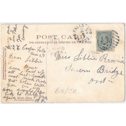 Coopers Falls + Washago, Ontario split ring cancel, 1907,