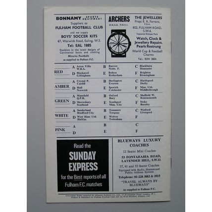 FULHAM v LEEDS UNITED League Cup 2nd Round 03/09/1969
