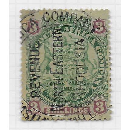 BSAC 1896 SOUTH AFRICA COMPANY ARMS DIE1 3/- USED SG36 36 SG REVENUE CANCEL