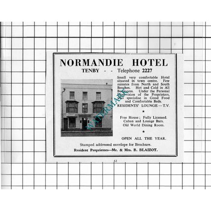 Normandie Hotel Tenby Wales Mr & Mrs Blaizot Small Advert - 1962 Cutting