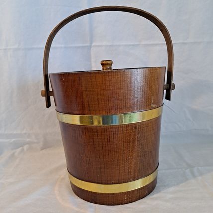 Vintage WOOD ICE BUCKET Barrel Brass Lid & Liner Handle 8" Wooden Barware Holder
