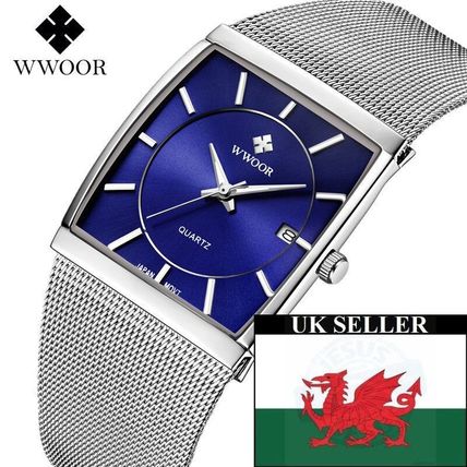 Gents Blue Thin Square Face Date Silver Stainless Steel Milanese Strap Watch