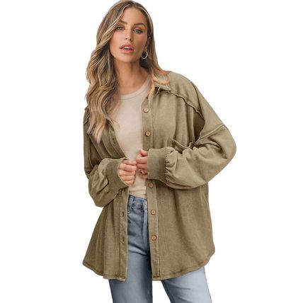 Moss Green Waffle Knit Patchwork Buttoned Oversized Shacket