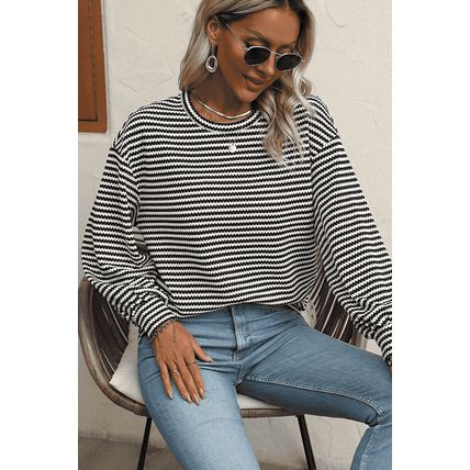 Black Stripe Round Neck Drop Shoulder Long Sleeve Top