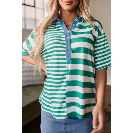 Green Stripe Colorblock Collar Half Buttons T Shirt