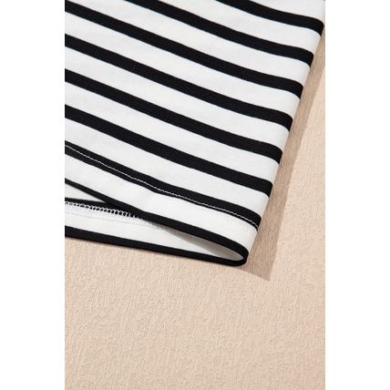Black Stripe Contrast V Neck Collared Puff Sleeve T Shirt Mini Dress with Pocket