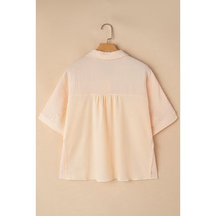 Beige Waffle Splicing Short Batwing Sleeve Flap Detail Shirt