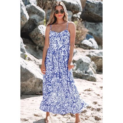 Sky Blue Floral Print Spaghetti Strap High Waist Maxi Dress