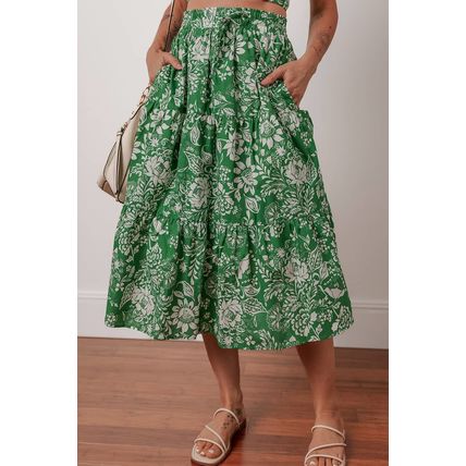 Green Floral Print Shirred Crop Top and High Waist Midi Skirt Set