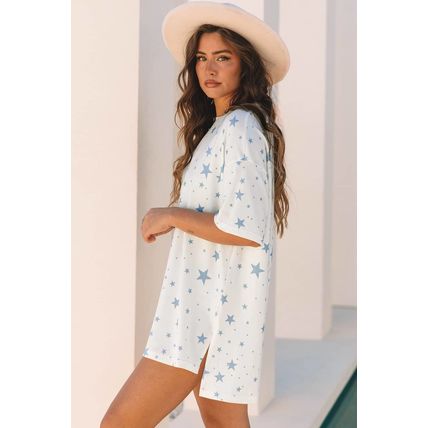 Sky Blue Stars Print Drop Shoulder Oversized T Shirt with Slits