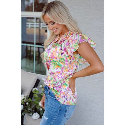 Purple Abstract Printed Ruffled Short Sleeve Notched Neck Blouse
