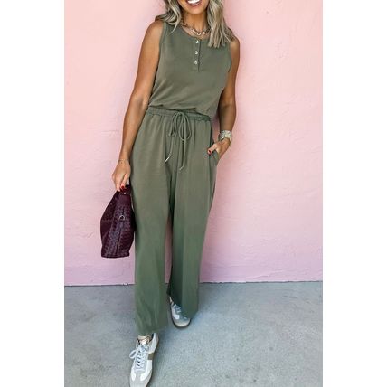 Vineyard Green Buttoned Drawstring Waist Sleeveless Wide Leg Jumpsuit