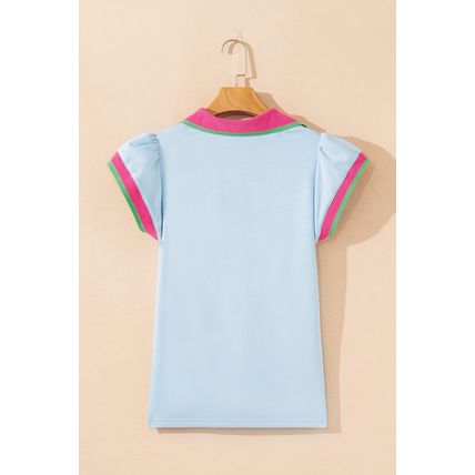 Beau Blue Color Contrast Ruffled Sleeve Collared V Neck Blouse