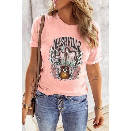 Pink NASHVILLE MUSIC CITY Guitar Graphic T Shirt