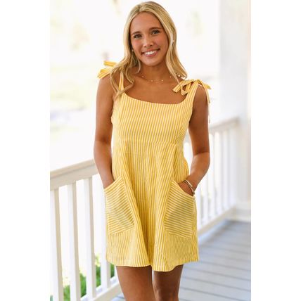 Yellow Stripe Shoulder Tie Smocked Back Wide Leg Casual Romper