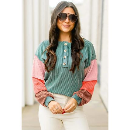 Multicolour Twisted Ribbed Knit Colorblock Henley Top