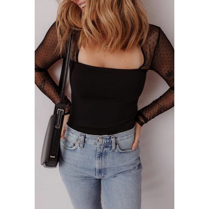 Black Polka Dot Mesh Long Sleeve Square Neck Bodysuit