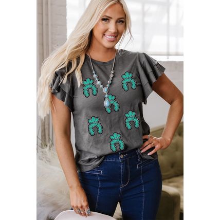 Dark Grey Sequin Turquoise Pattern Ruffle Sleeve Cowgirl Tee