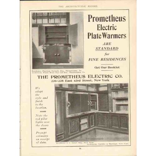 prometheus electric company 1910 plate warmers are standard vintage ad