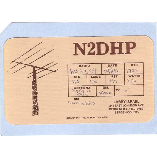 NJ Bergenfield QSL Card N2DHP Larry Israel 241 East Johnson Ave Bergenfiel~214