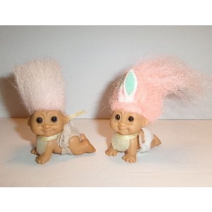 2 Russ 2" Crawling Baby Bunny Trolls with Outfits Pink and White Hair