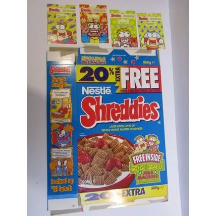 Nestle Shreddies Empty Cereal Box 1995 Zig and Zag Joke Factory Joke Machine Set