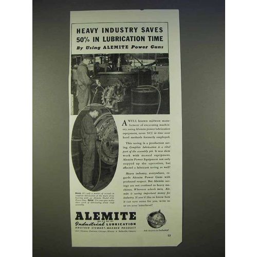 1940 Alemite Lubrication Power Guns Ad - Saves 50%