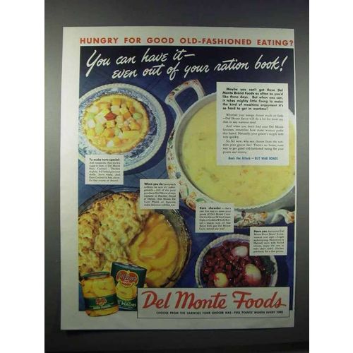 1944 Del Monte Peaches, Fruit Cocktail, Corn & Beets Ad