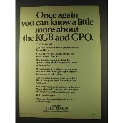 1979 The Times Newspaper Ad - Know About KGB and GPO