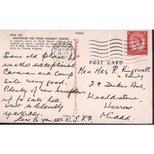 Vintage Plastichrome Postcard 1964 - Westward Ho! From Holiday Centre, Devon