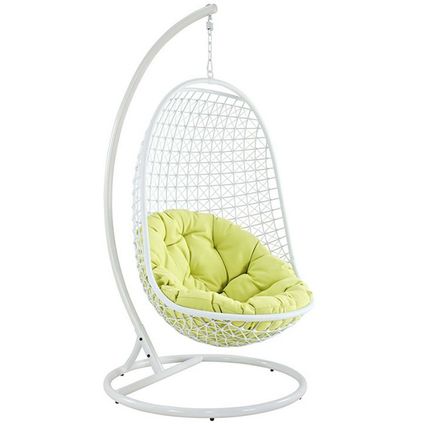 White 'Egg' Wire Swing Patio Chair Green Cushion All-Weather White Metal Frame