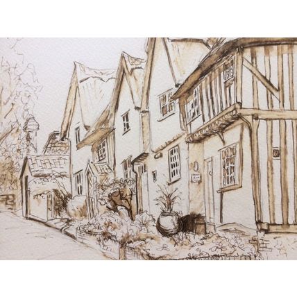 Kersey Cottages Original Pen & Watercolour Painting By Jean G. Mounted & Framed