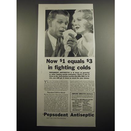 1933 Pepsodent Antiseptic Ad - Now $1 equals $3 in fighting colds