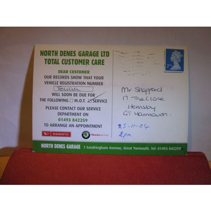 SKODA DAIHATSU, NORTH DENES GARAGE, GT. YARMOUTH, NORFOLK service due postcard =