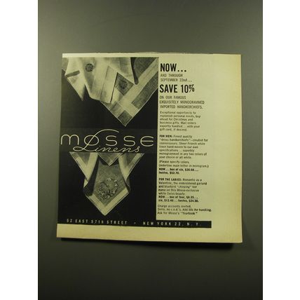 1959 Mosse Handkerchiefs Advertisement - Mosse Linens
