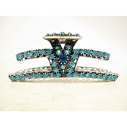 Art deco silver metal hair claw clip with crystals