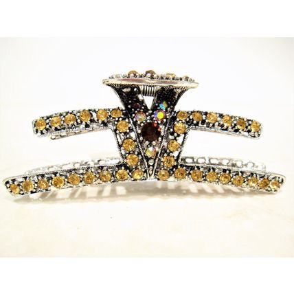 Art deco silver metal hair claw clip with crystals