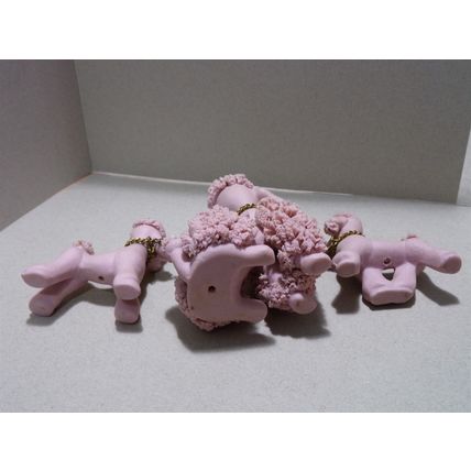 Vintage Pink Poodle Family Spaghetti Ceramic Blue Stone Eyes Mom Puppies