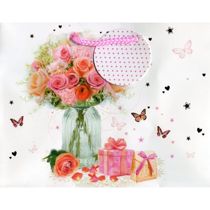 Flowers in Vase Landscape Gift Bag with Pink Handles and Polka Dot Tag