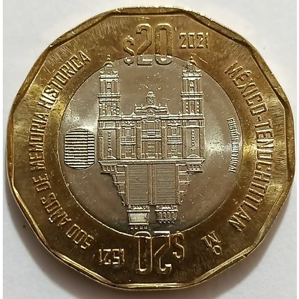 Mexico Tenochtitlan 500 years of History 1521 Bimetallic $20 pesos 2021