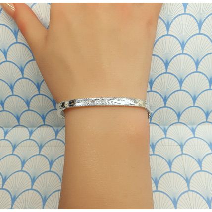 Vintage 925 Sterling Silver Etched Design Square Hinged Bangle Bracelet
