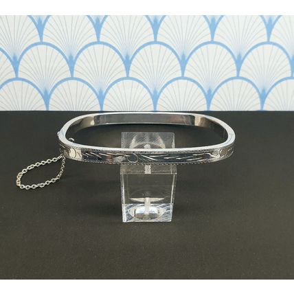 Vintage 925 Sterling Silver Etched Design Square Hinged Bangle Bracelet