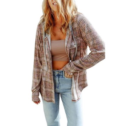 Purple Plaid Contrast Hooded Drawstring Shacket