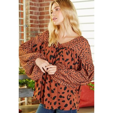 Brown Contrast Leopard Print Bubble Sleeve Blouse