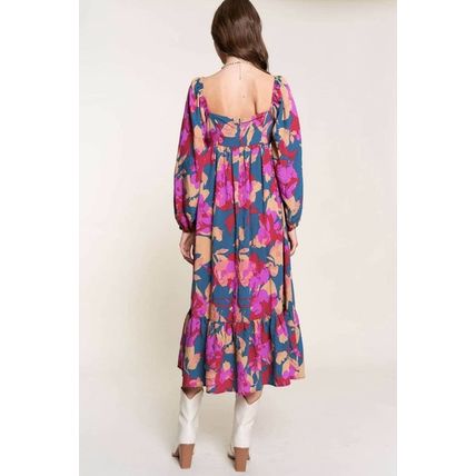 Multicolour Floral Print Square Neck Ruffled High Waist Dress