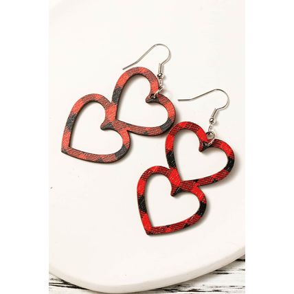 Fiery Red Valentines Day Plaid Double Love Heart Wooden Earrings