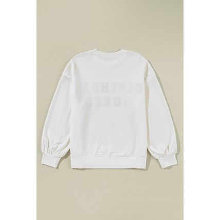 White BIRTHDAY QUEEN Graphic Balloon Sleeve Sweatshirt